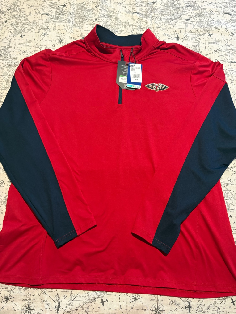 Antigua Red Quarter-Zip Pullover with Navy Sleeve Panels
